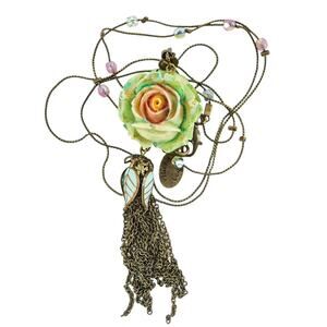 Michal Negrin Long Pendant Necklace Sculpted Rose Tassel Art Nouveau Romantic